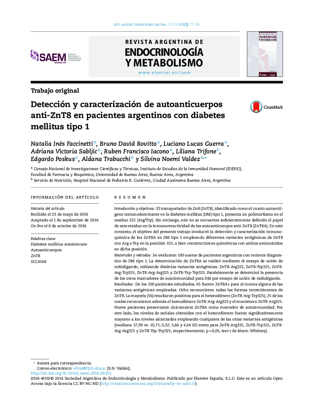 Detección y caracterización de autoanticuerpos anti-ZnT8 en pacientes argentinos con diabetes mellitus tipo 1