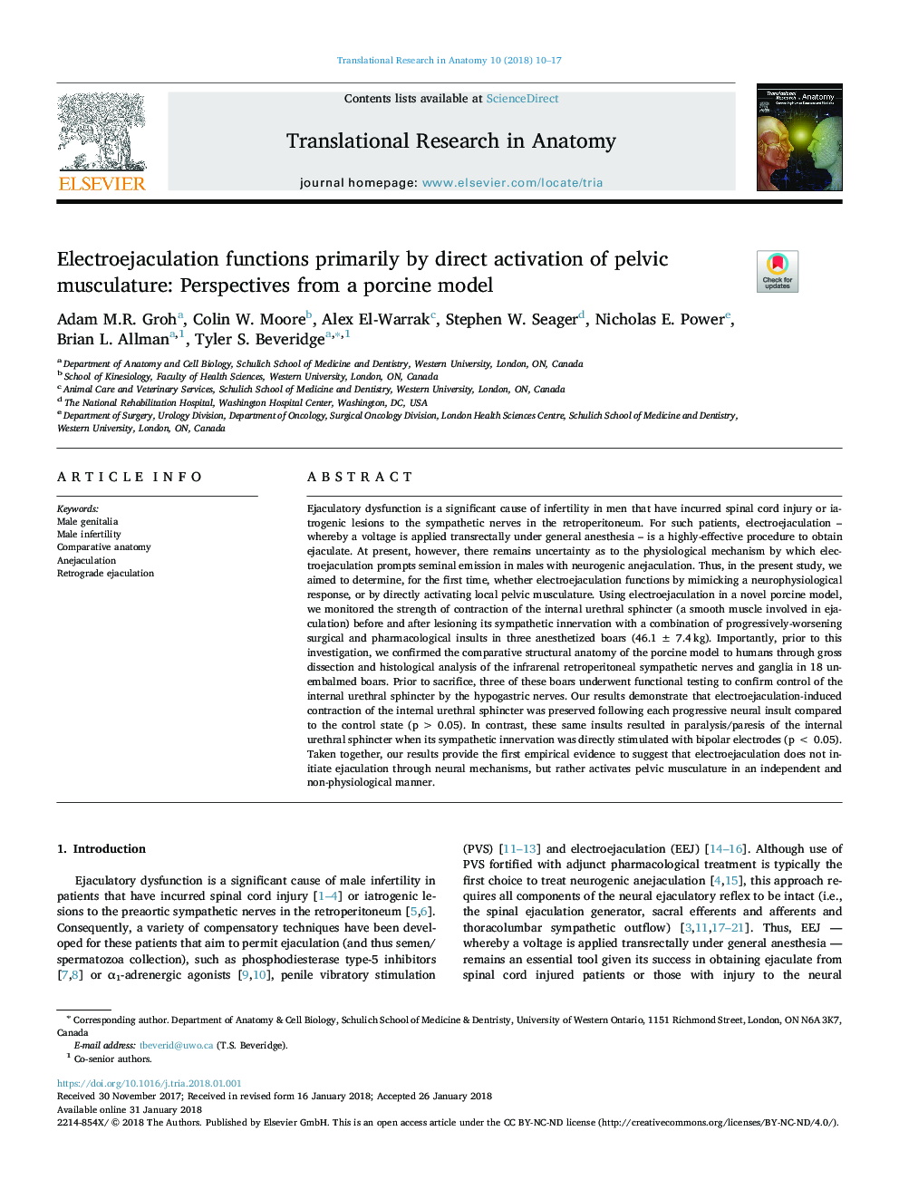 Electroejaculation functions primarily by direct activation of pelvic musculature: Perspectives from a porcine model