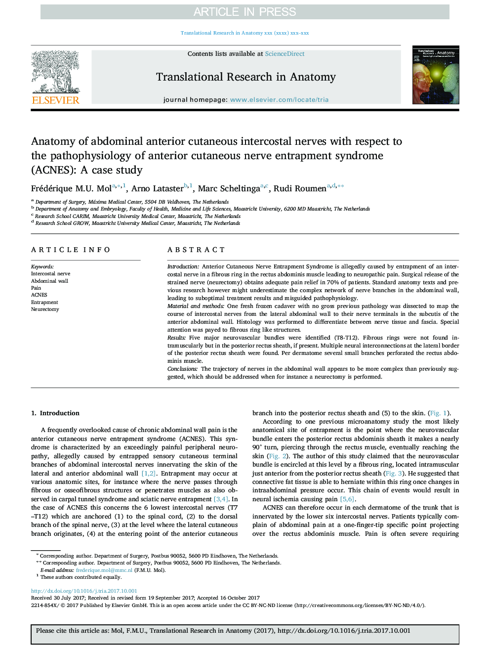 Anatomy of abdominal anterior cutaneous intercostal nerves with respect to the pathophysiology of anterior cutaneous nerve entrapment syndrome (ACNES): A case study