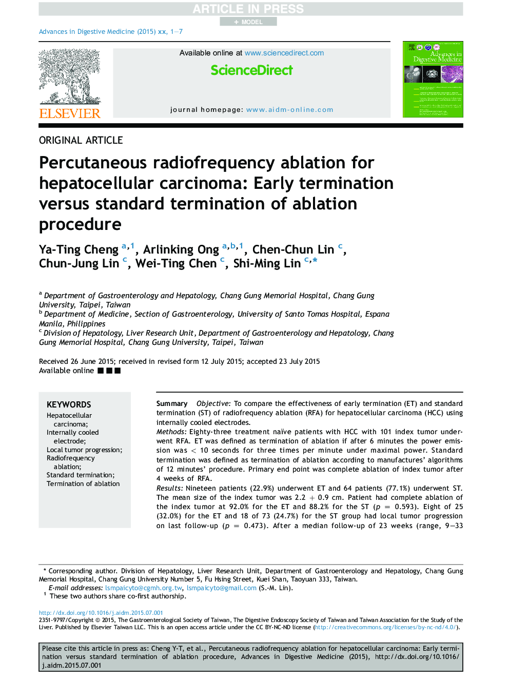 Percutaneous radiofrequency ablation for hepatocellular carcinoma: Early termination versus standard termination of ablation procedure
