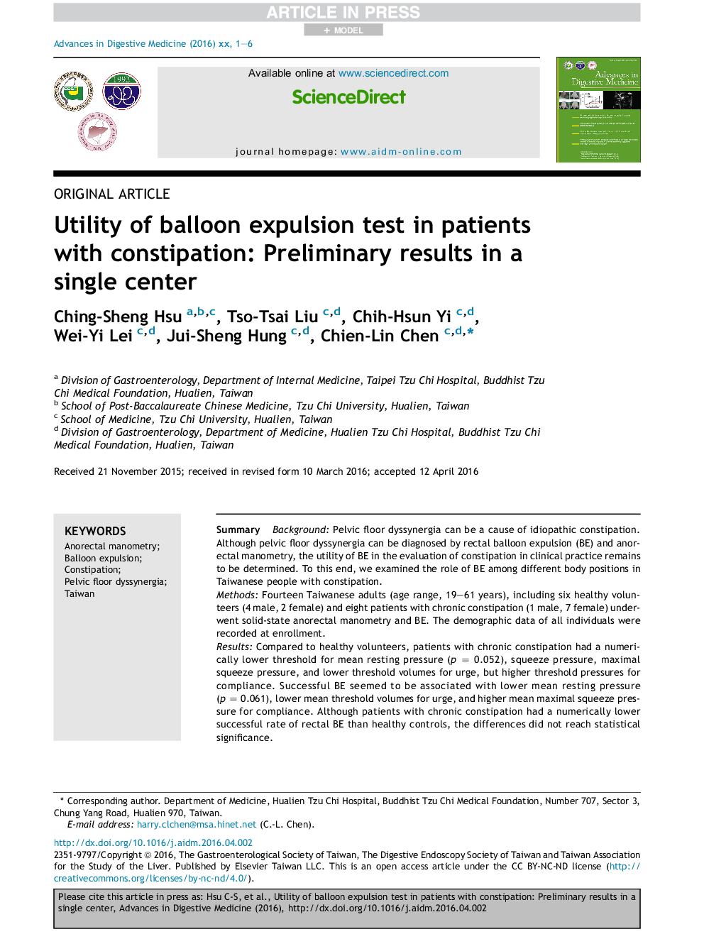 Utility of balloon expulsion test in patients with constipation: Preliminary results in a single center