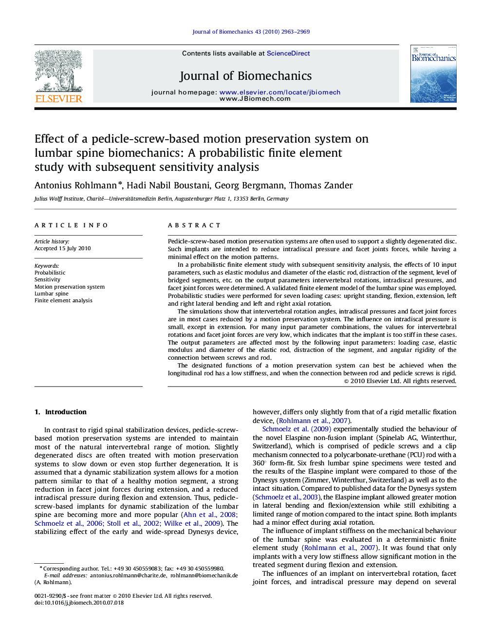 Effect of a pedicle-screw-based motion preservation system on lumbar spine biomechanics: A probabilistic finite element study with subsequent sensitivity analysis