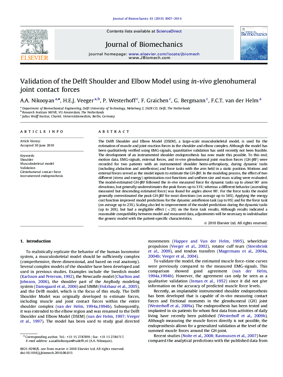 Validation of the Delft Shoulder and Elbow Model using in-vivo glenohumeral joint contact forces