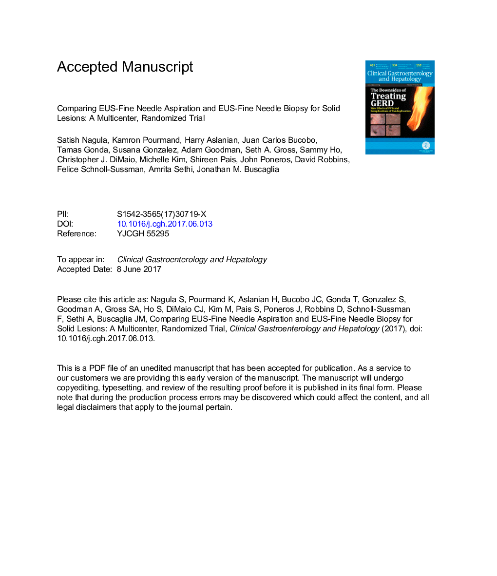 Comparison of Endoscopic Ultrasound-Fine-Needle Aspiration and Endoscopic Ultrasound-Fine-Needle Biopsy for Solid Lesions in aÂ Multicenter, Randomized Trial