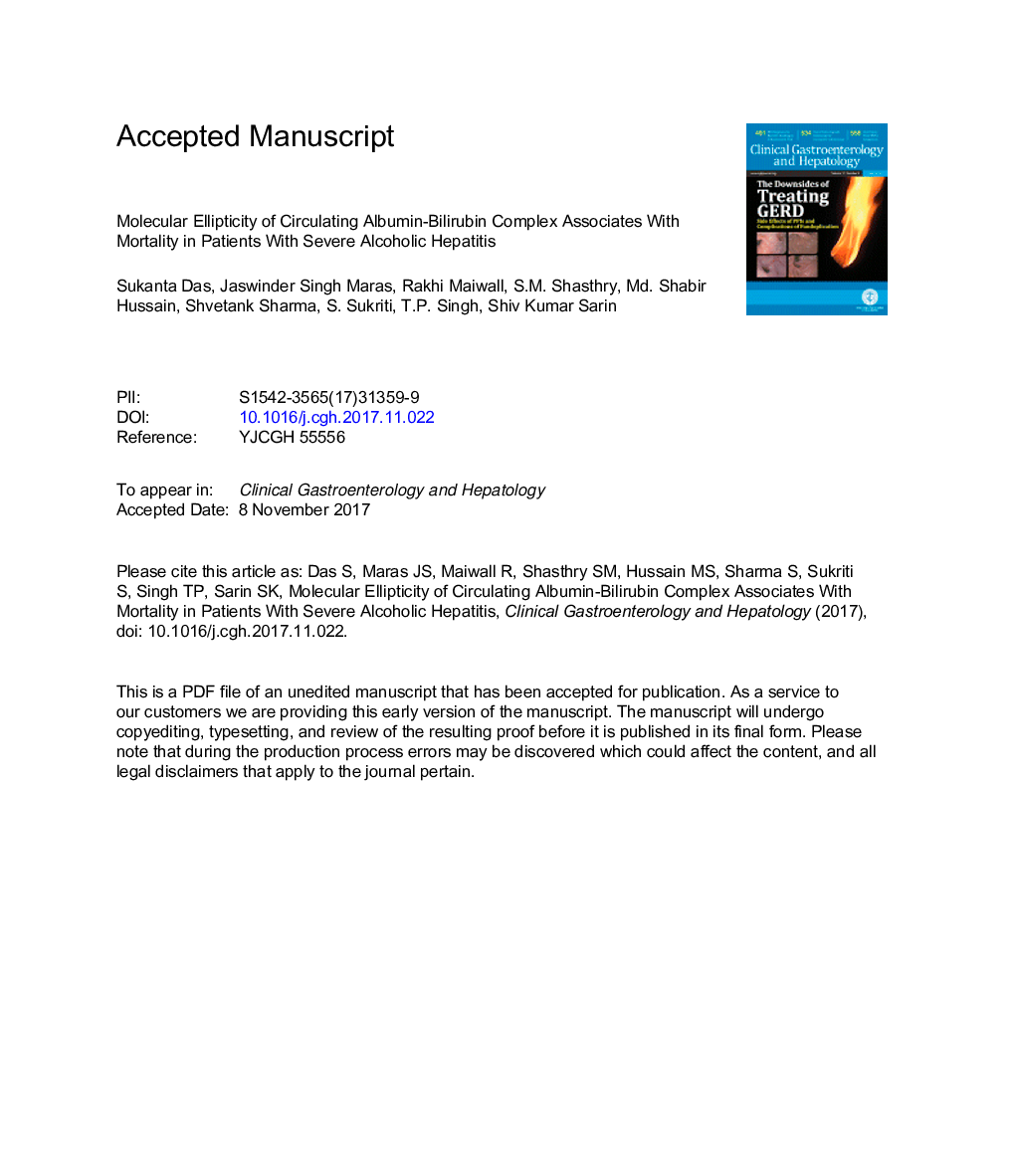 Molecular Ellipticity of Circulating Albumin-Bilirubin ComplexÂ Associates With Mortality in Patients With SevereÂ Alcoholic Hepatitis