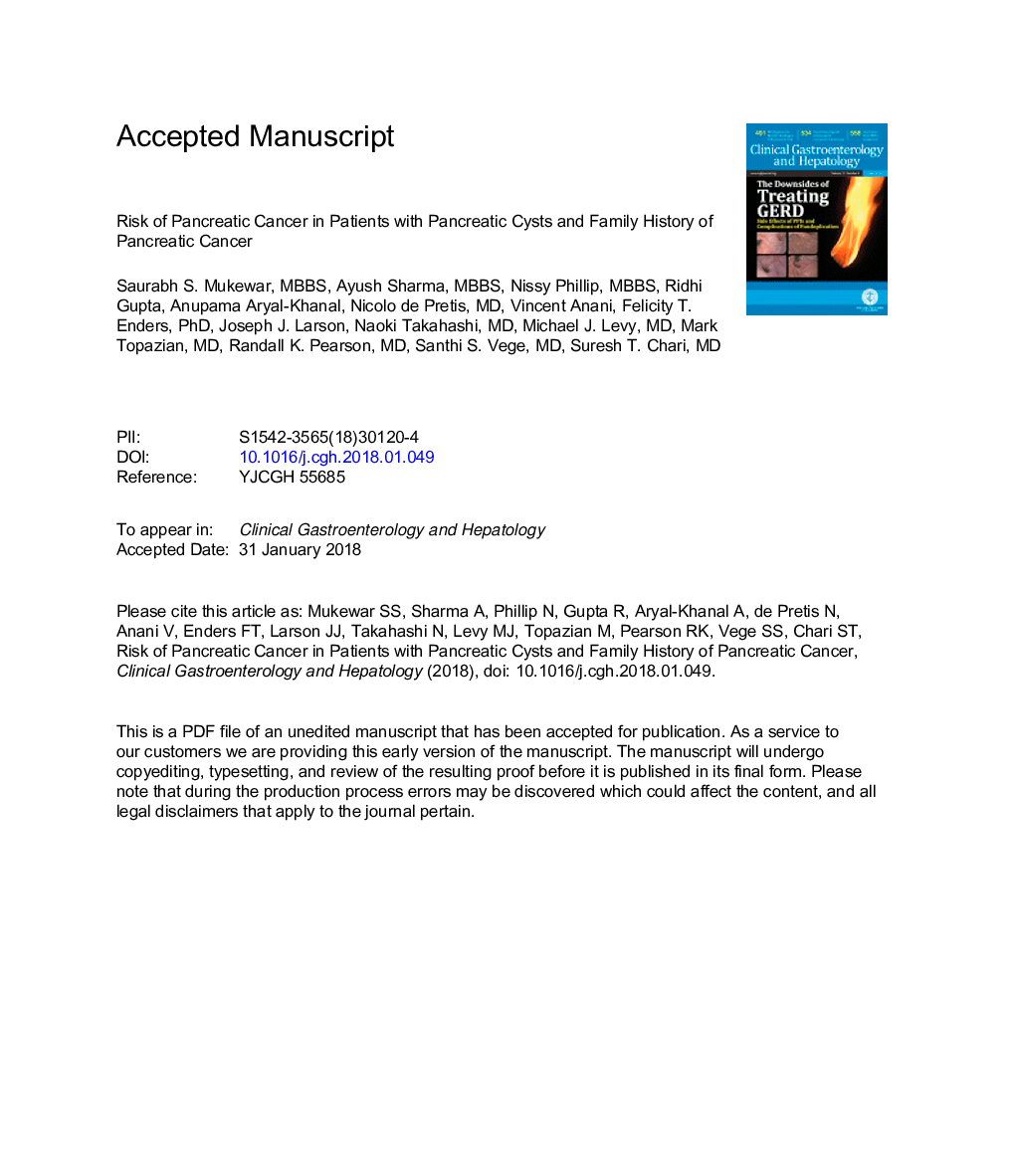 Risk of Pancreatic Cancer in Patients With Pancreatic Cysts and Family History of Pancreatic Cancer