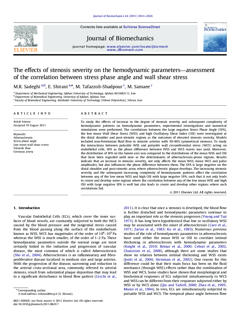 The effects of stenosis severity on the hemodynamic parameters—assessment of the correlation between stress phase angle and wall shear stress