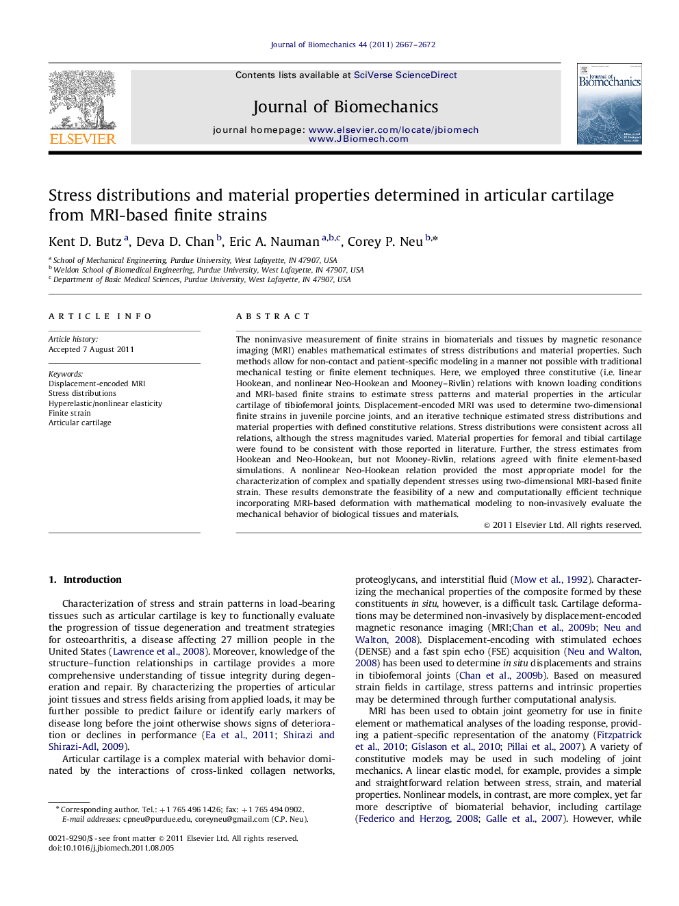 Stress distributions and material properties determined in articular cartilage from MRI-based finite strains