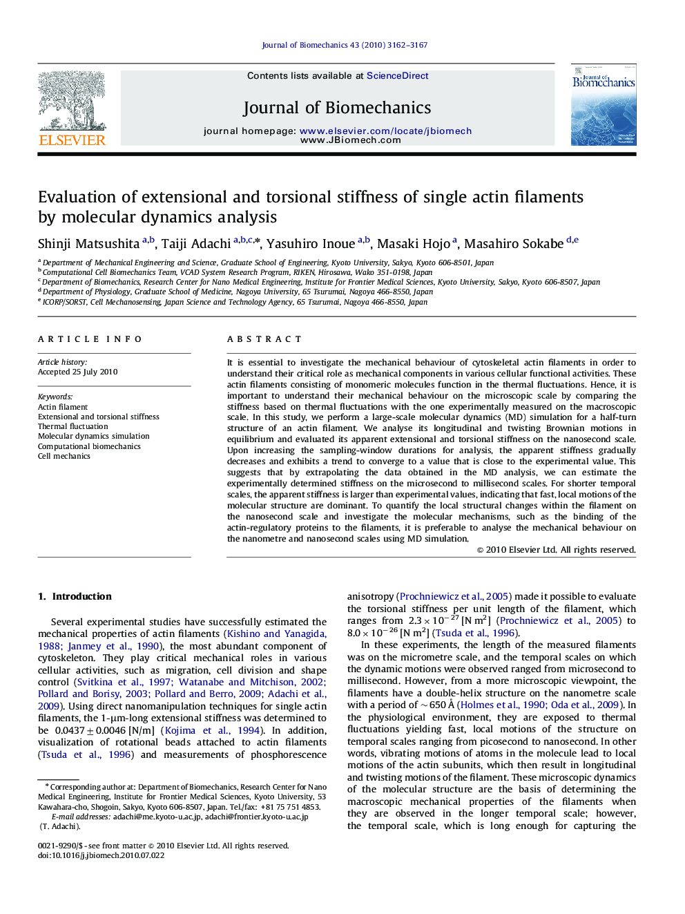 Evaluation of extensional and torsional stiffness of single actin filaments by molecular dynamics analysis