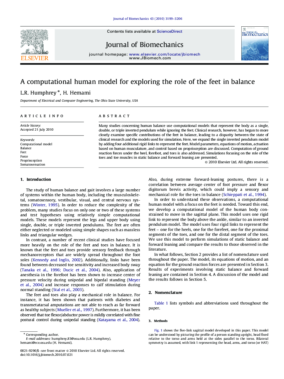 A computational human model for exploring the role of the feet in balance