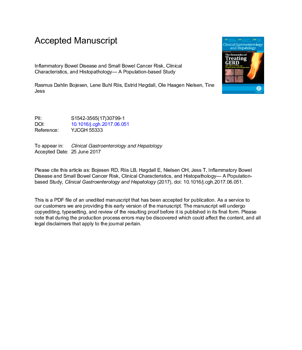 Inflammatory Bowel Disease and Small Bowel Cancer Risk,Â Clinical Characteristics, and Histopathology: AÂ Population-Based Study