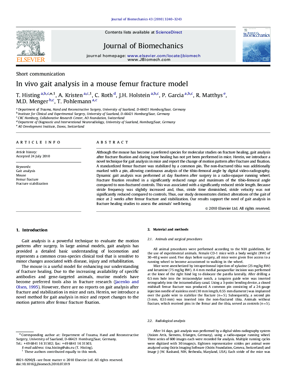 عکس صفحه اول مقاله: In vivo gait analysis in a mouse femur fracture model In vivo gait analysis in a mouse femur fracture model