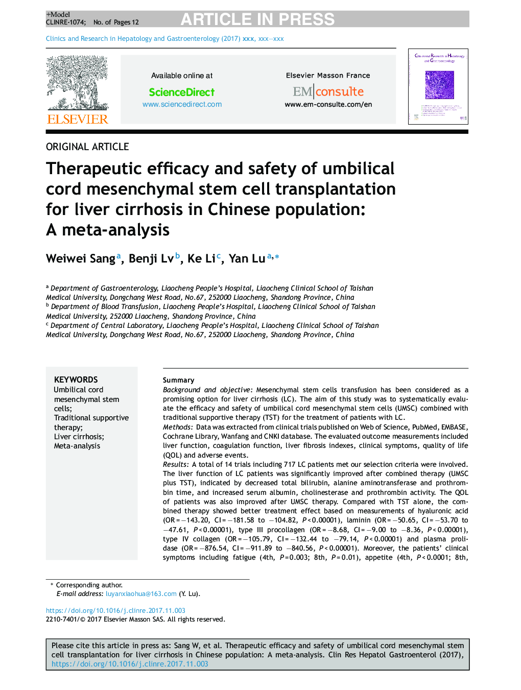Therapeutic efficacy and safety of umbilical cord mesenchymal stem cell transplantation for liver cirrhosis in Chinese population: A meta-analysis