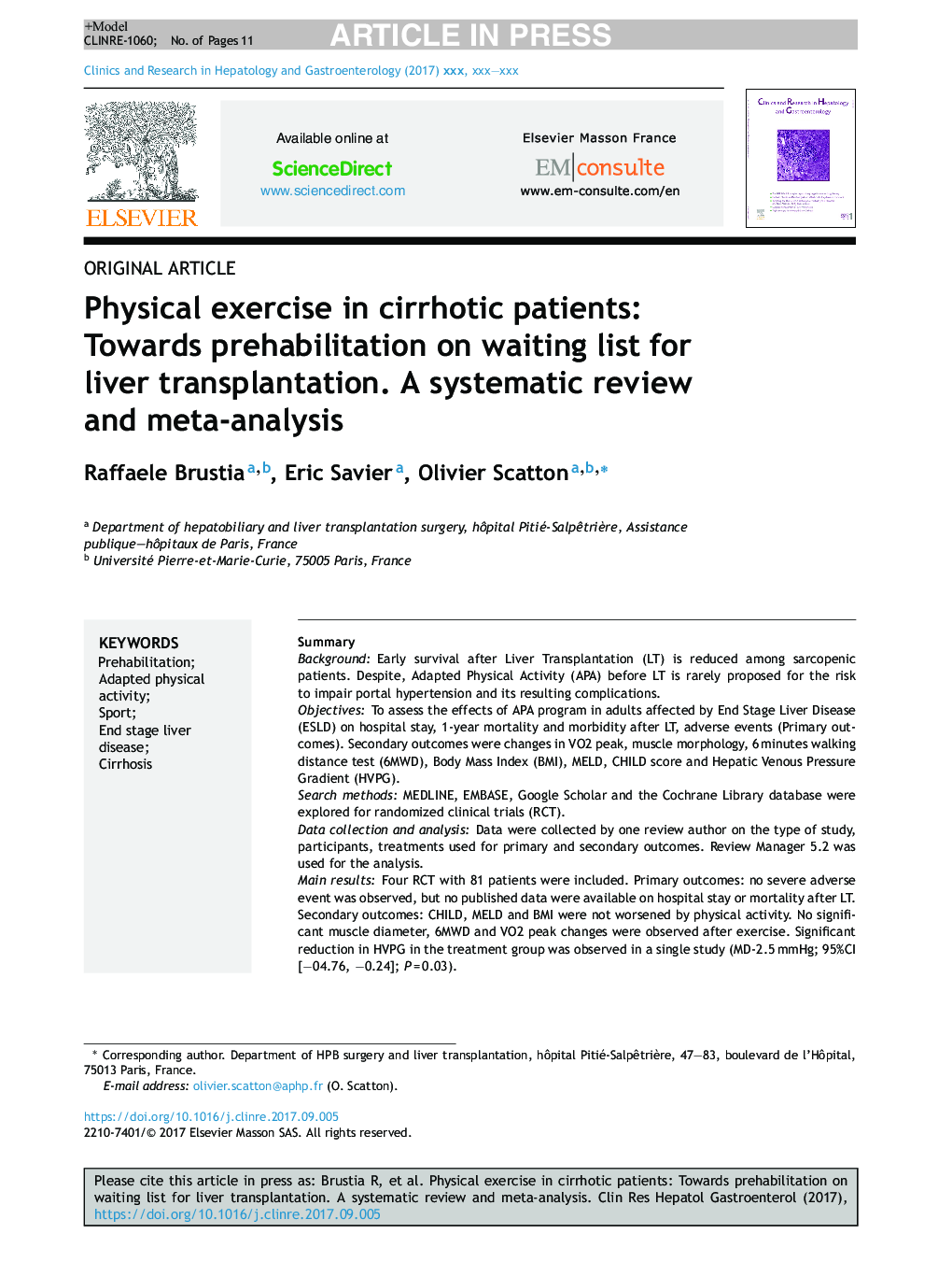 Physical exercise in cirrhotic patients: Towards prehabilitation on waiting list for liver transplantation. A systematic review and meta-analysis