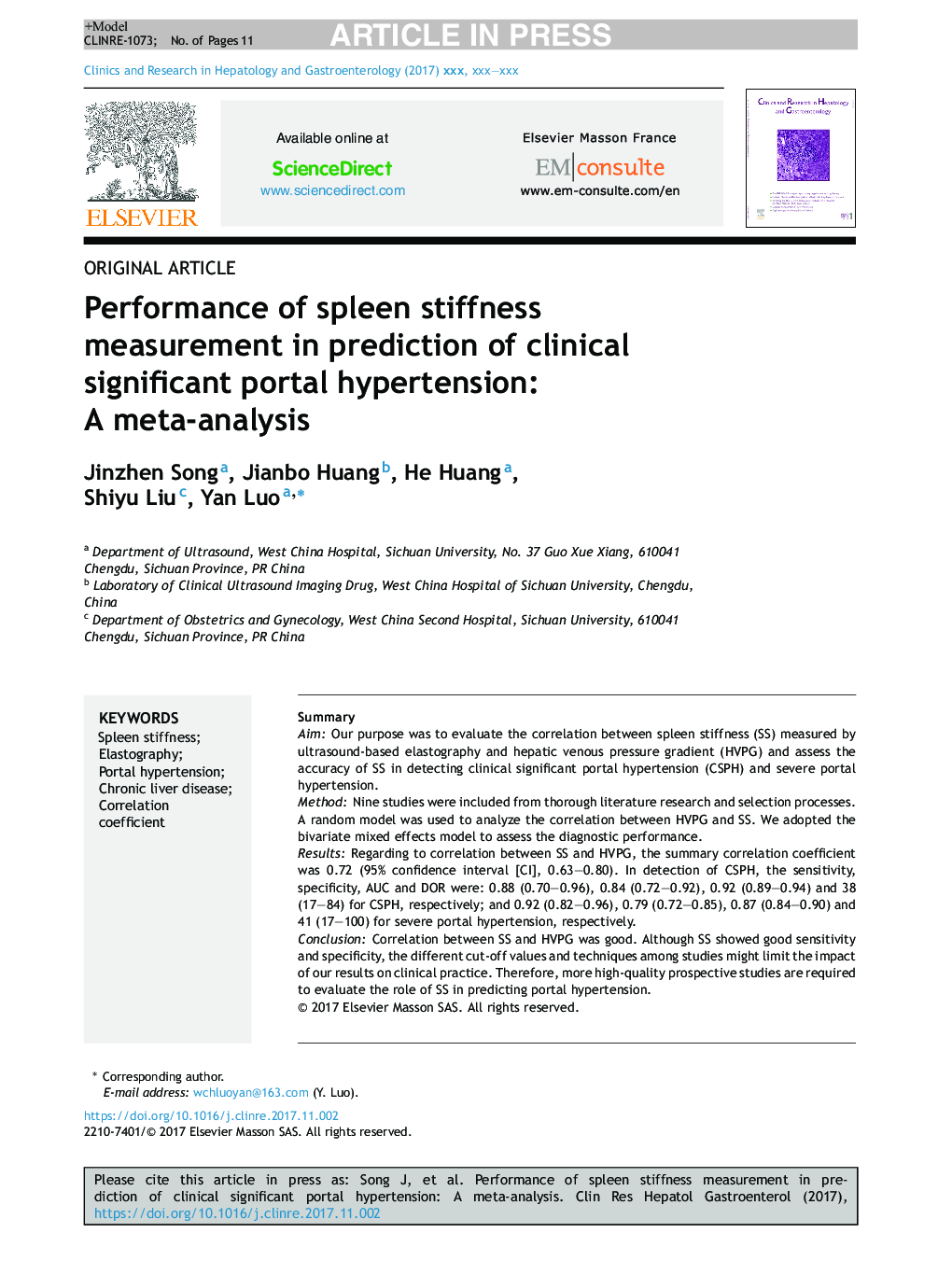 Performance of spleen stiffness measurement in prediction of clinical significant portal hypertension: A meta-analysis