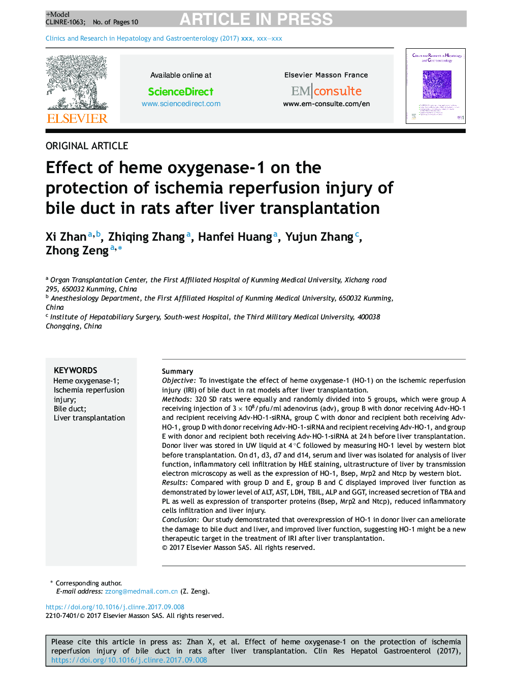 Effect of heme oxygenase-1 on the protection of ischemia reperfusion injury of bile duct in rats after liver transplantation