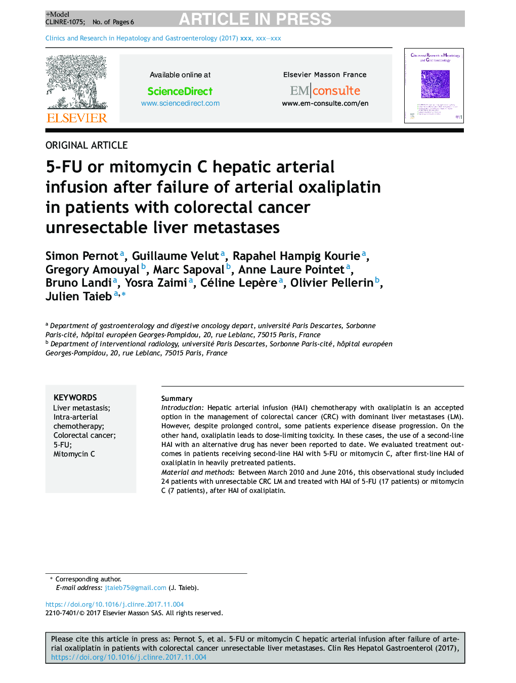 5-FU or mitomycin C hepatic arterial infusion after failure of arterial oxaliplatin in patients with colorectal cancer unresectable liver metastases