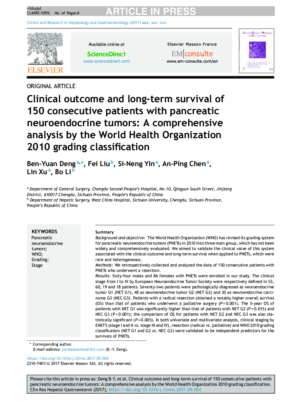 Clinical outcome and long-term survival of 150Â consecutive patients with pancreatic neuroendocrine tumors: A comprehensive analysis by the World Health Organization 2010 grading classification