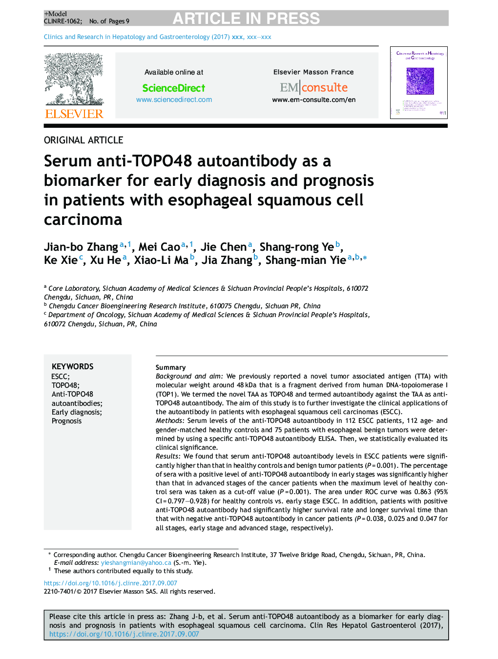 Serum anti-TOPO48 autoantibody as a biomarker for early diagnosis and prognosis in patients with esophageal squamous cell carcinoma