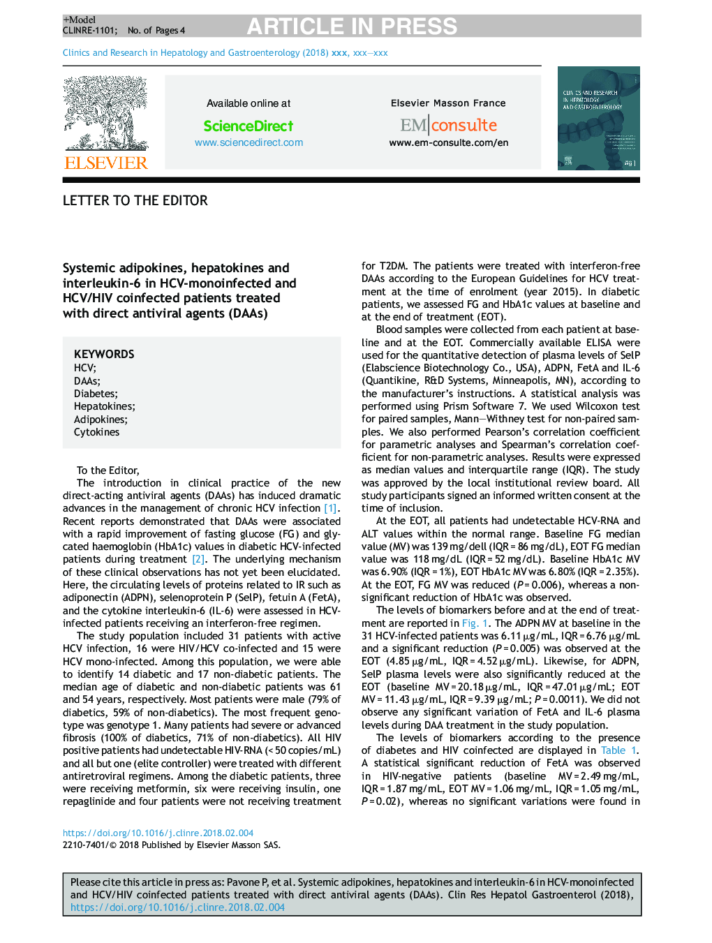 Systemic adipokines, hepatokines and interleukin-6 in HCV-monoinfected and HCV/HIV coinfected patients treated with direct antiviral agents (DAAs)