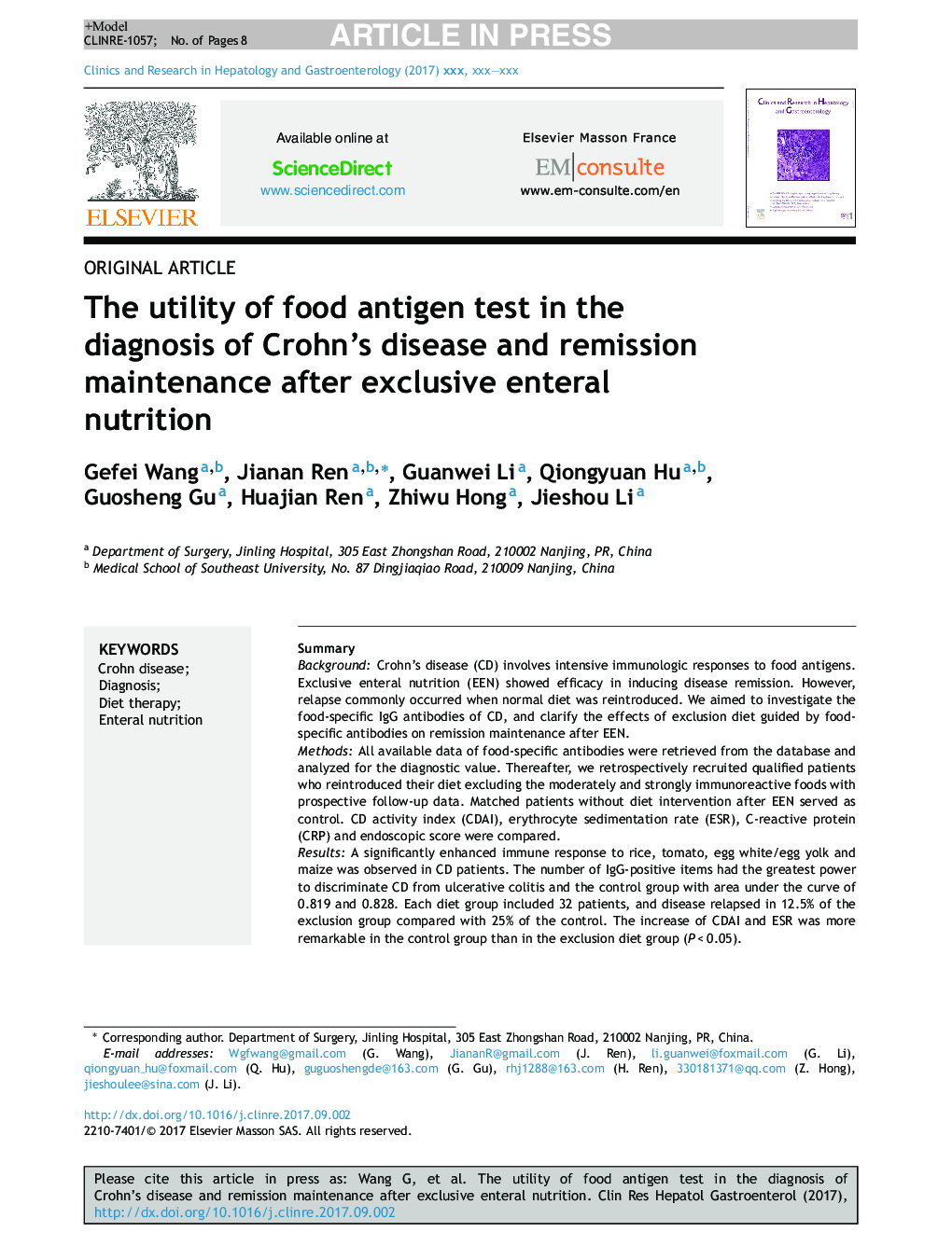 The utility of food antigen test in the diagnosis of Crohn's disease and remission maintenance after exclusive enteral nutrition