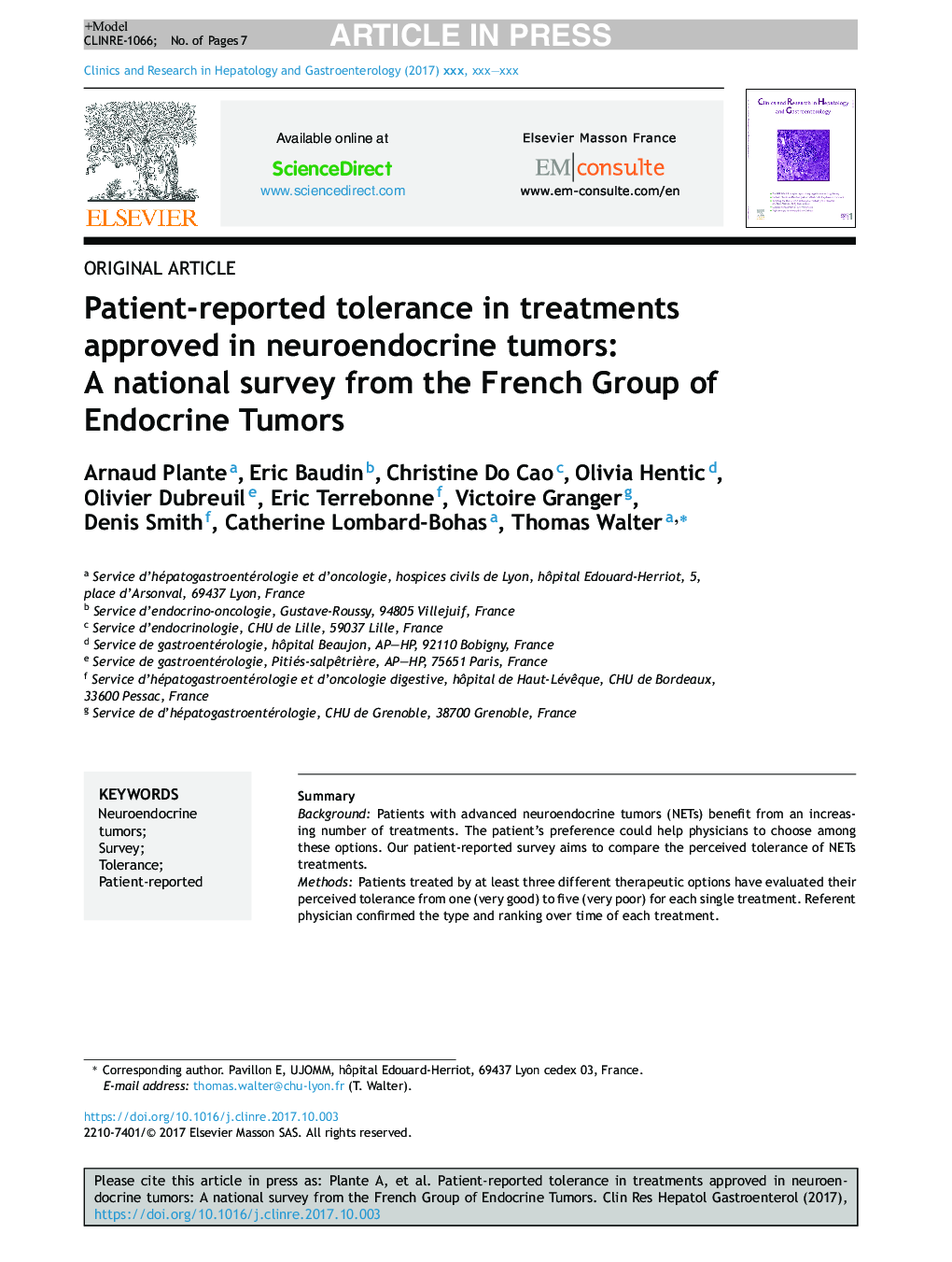 Patient-reported tolerance in treatments approved in neuroendocrine tumors: A national survey from the French Group of Endocrine Tumors