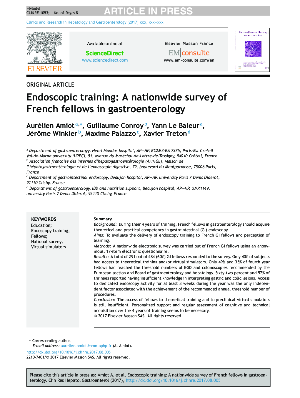 Endoscopic training: A nationwide survey of French fellows in gastroenterology