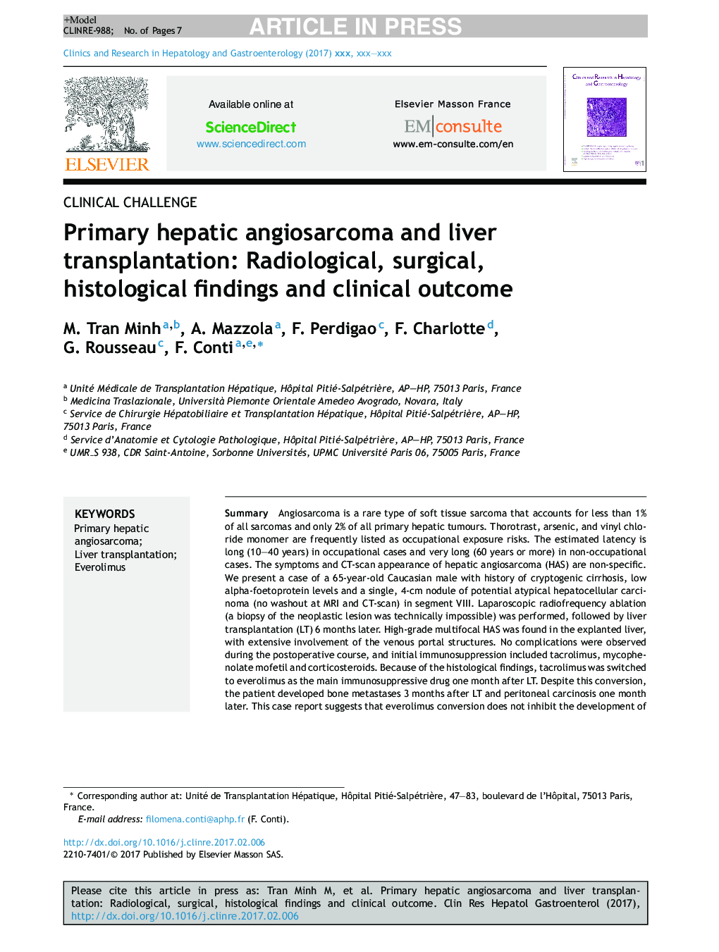 Primary hepatic angiosarcoma and liver transplantation: Radiological, surgical, histological findings and clinical outcome