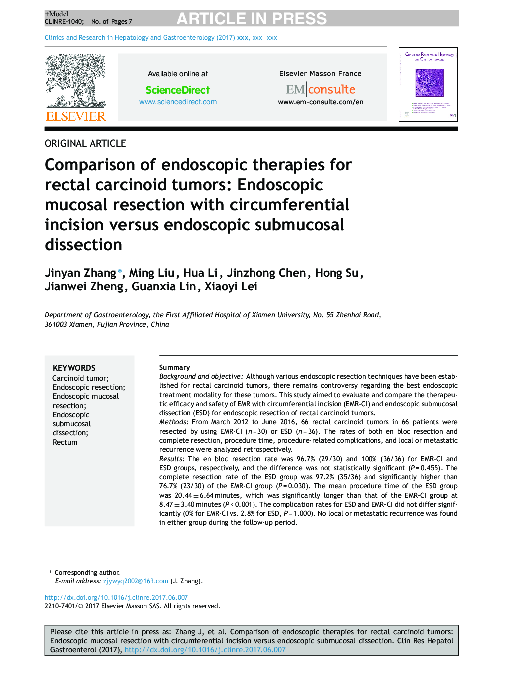 Comparison of endoscopic therapies for rectal carcinoid tumors: Endoscopic mucosal resection with circumferential incision versus endoscopic submucosal dissection