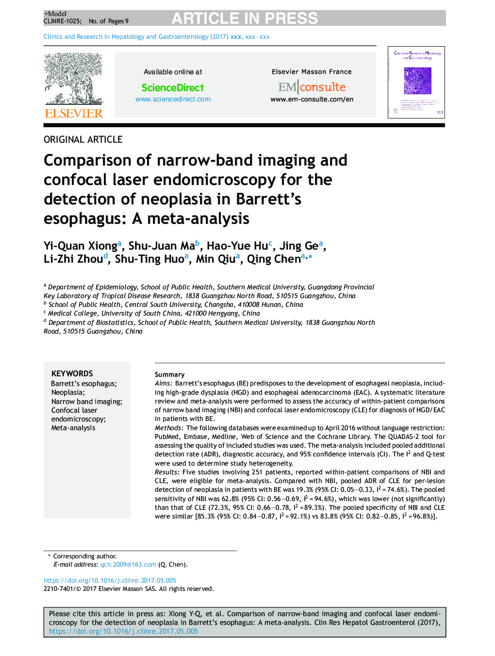 Comparison of narrow-band imaging and confocal laser endomicroscopy for the detection of neoplasia in Barrett's esophagus: A meta-analysis