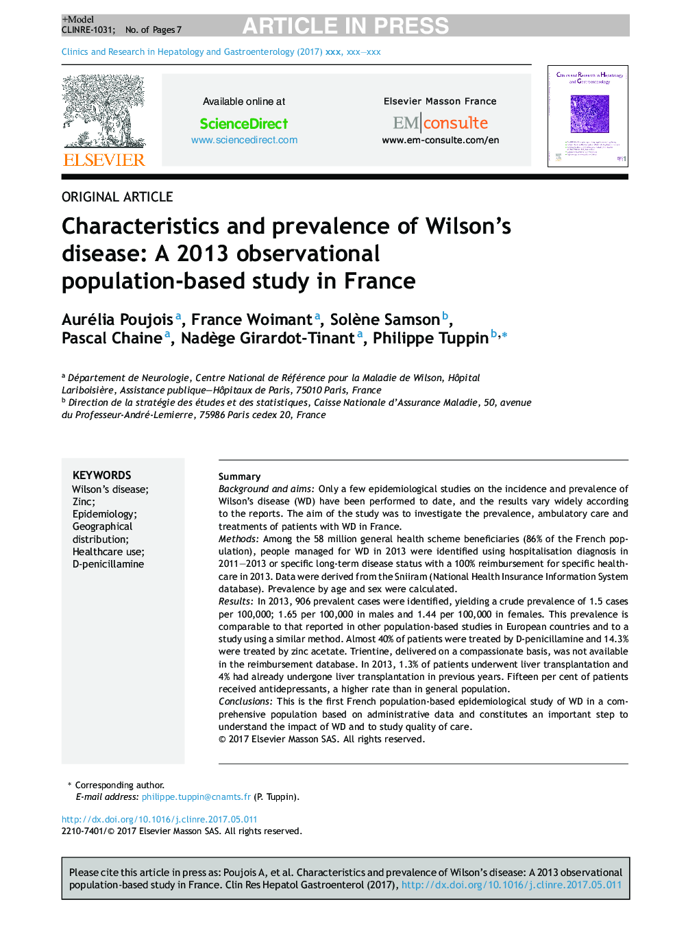 Characteristics and prevalence of Wilson's disease: A 2013 observational population-based study in France