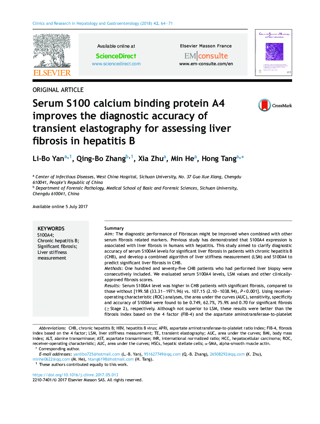 Serum S100 calcium binding protein A4 improves the diagnostic accuracy of transient elastography for assessing liver fibrosis in hepatitis B