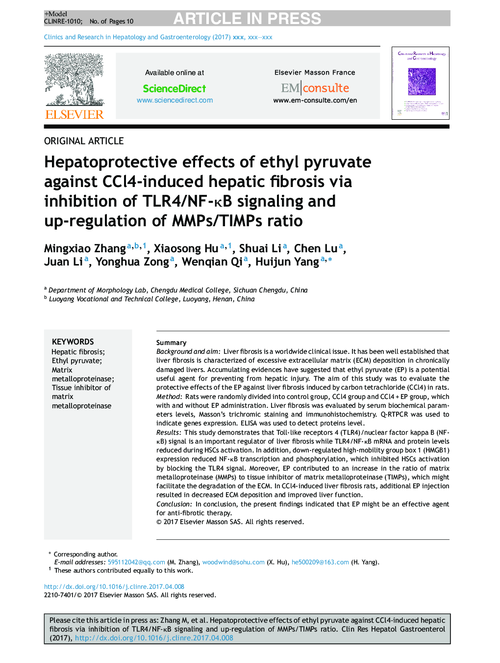 Hepatoprotective effects of ethyl pyruvate against CCl4-induced hepatic fibrosis via inhibition of TLR4/NF-ÎºB signaling and up-regulation of MMPs/TIMPs ratio