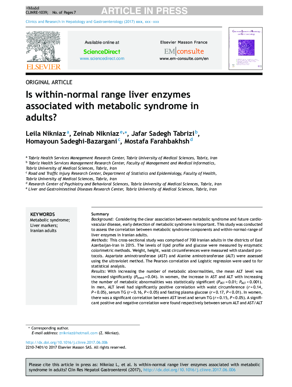 Is within-normal range liver enzymes associated with metabolic syndrome in adults?