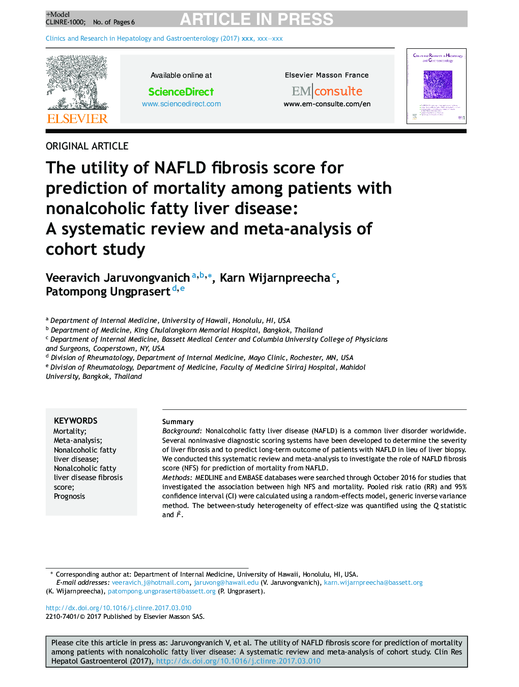 The utility of NAFLD fibrosis score for prediction of mortality among patients with nonalcoholic fatty liver disease: A systematic review and meta-analysis of cohort study