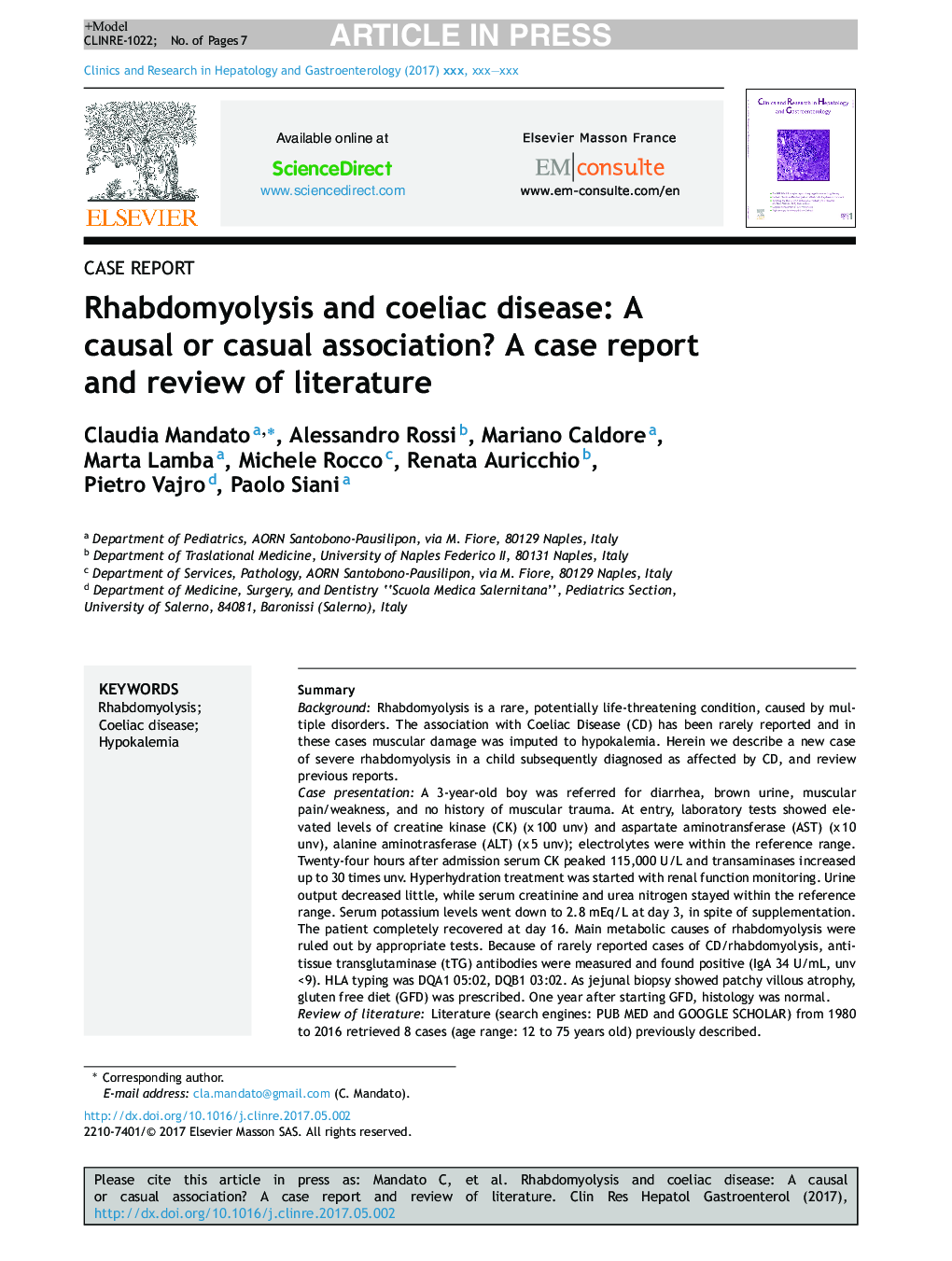 Rhabdomyolysis and coeliac disease: A causal or casual association? A case report and review of literature