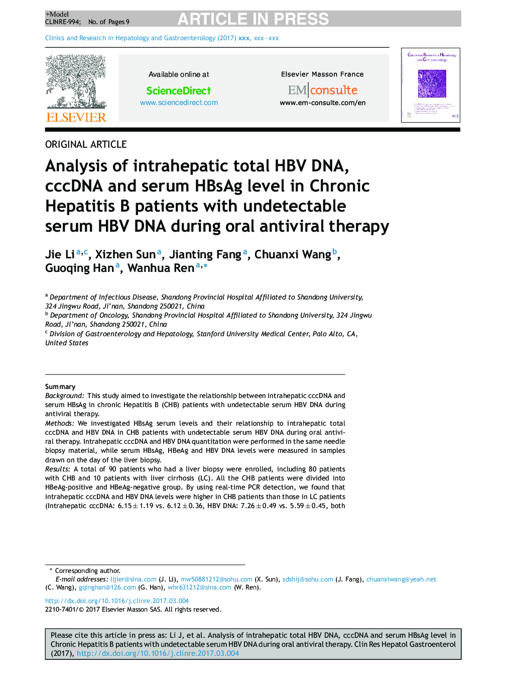 Analysis of intrahepatic total HBV DNA, cccDNA and serum HBsAg level in Chronic Hepatitis B patients with undetectable serum HBV DNA during oral antiviral therapy