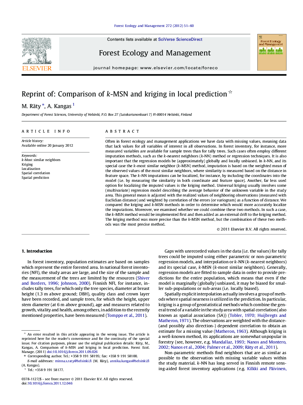 Reprint of: Comparison of k-MSN and kriging in local prediction 