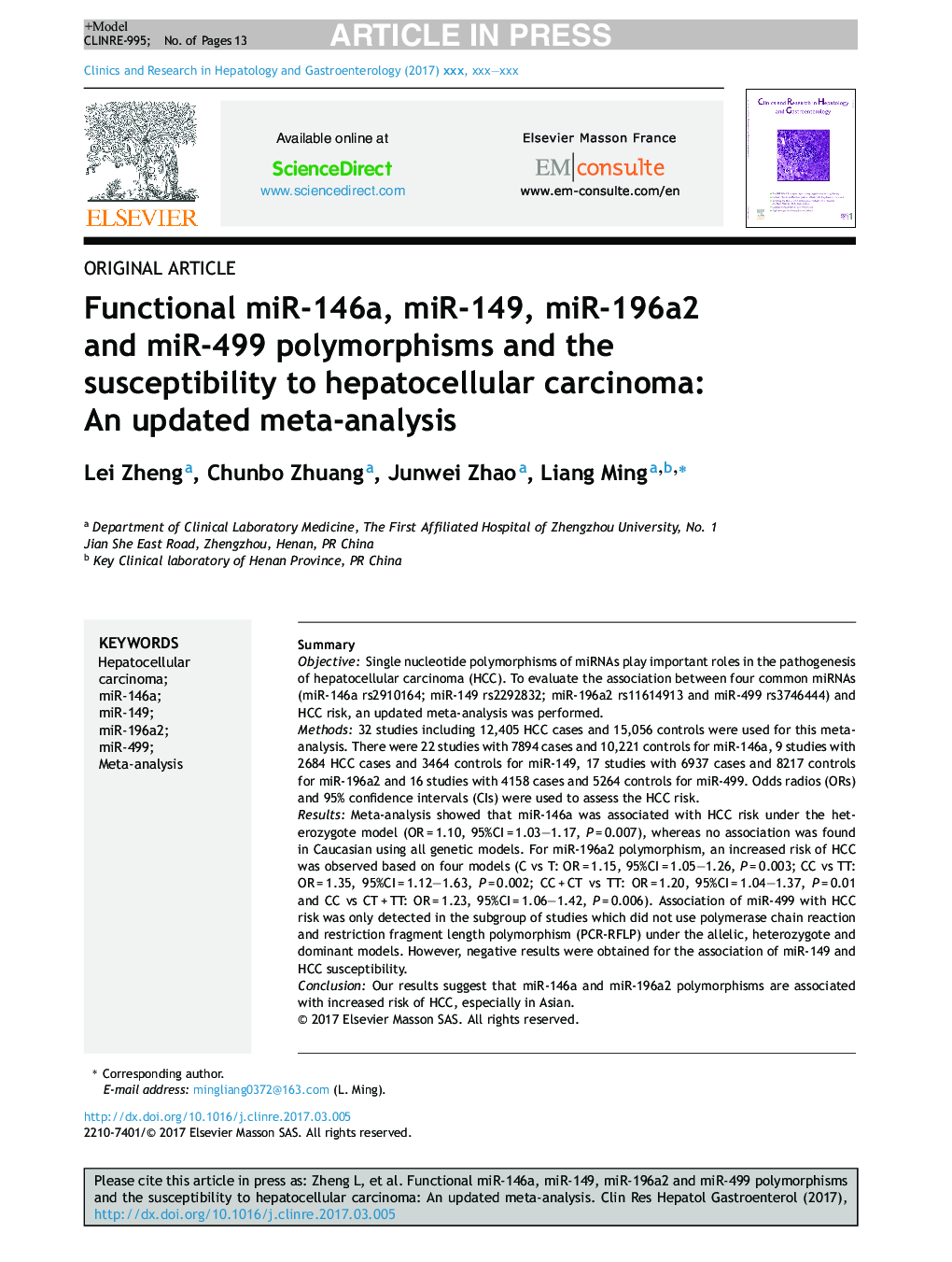 Functional miR-146a, miR-149, miR-196a2 and miR-499 polymorphisms and the susceptibility to hepatocellular carcinoma: An updated meta-analysis