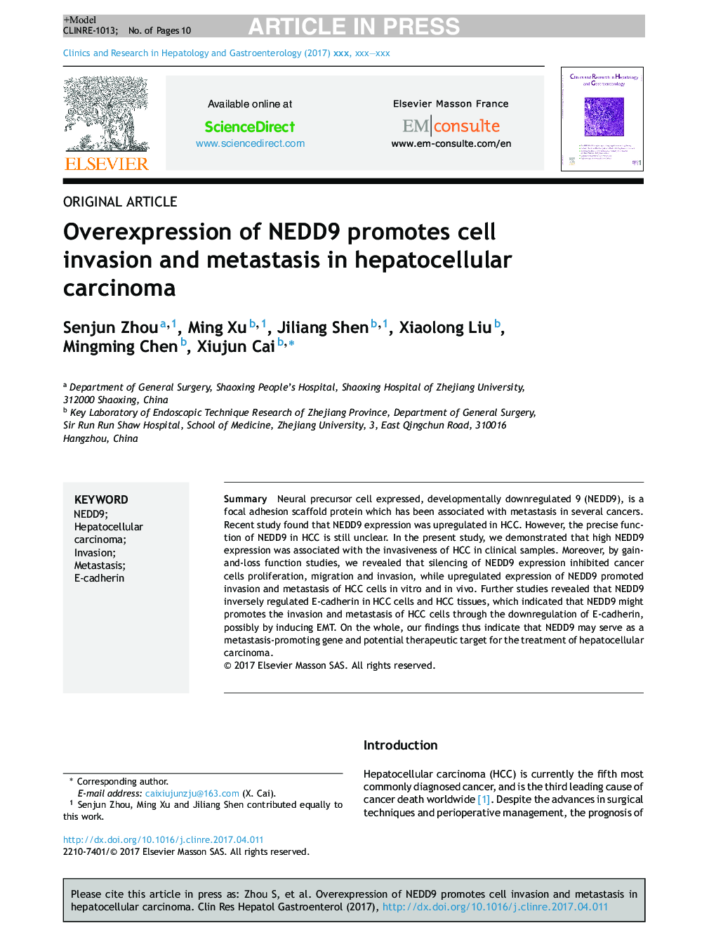 Overexpression of NEDD9 promotes cell invasion and metastasis in hepatocellular carcinoma