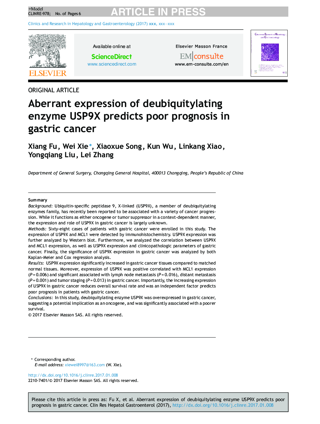 Aberrant expression of deubiquitylating enzyme USP9X predicts poor prognosis in gastric cancer