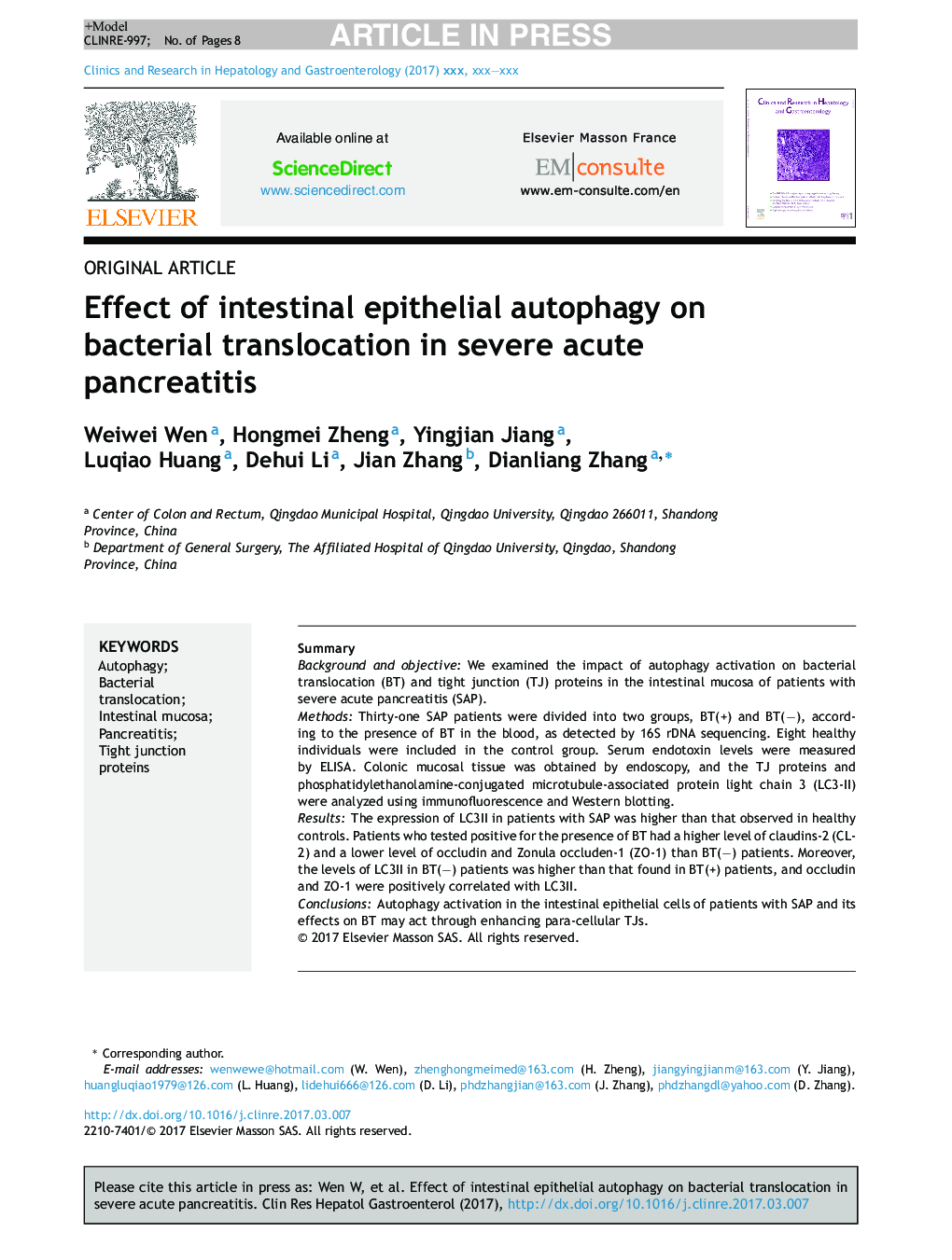 Effect of intestinal epithelial autophagy on bacterial translocation in severe acute pancreatitis