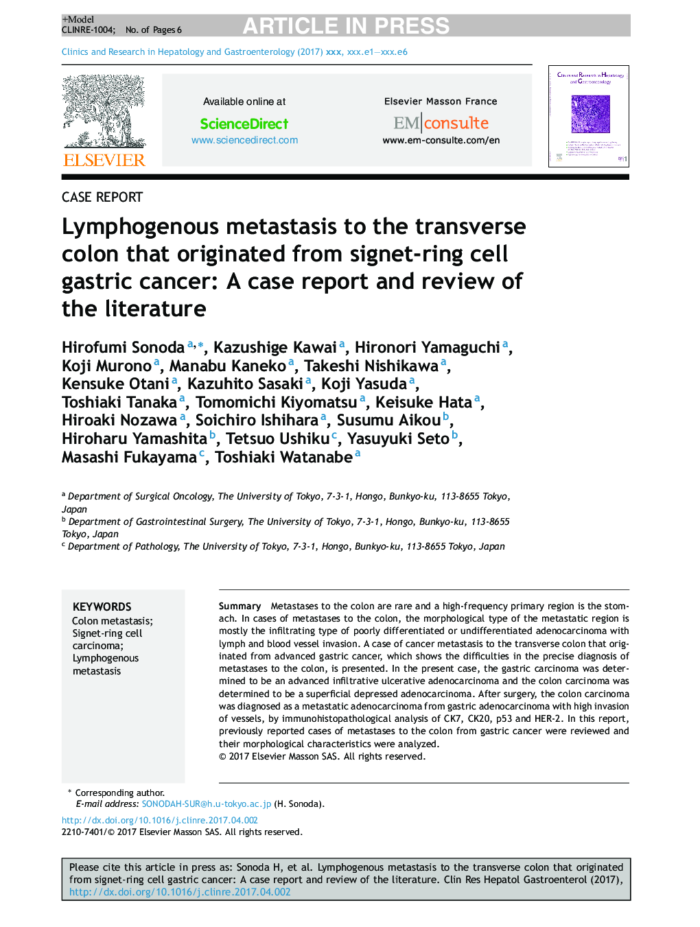 Lymphogenous metastasis to the transverse colon that originated from signet-ring cell gastric cancer: A case report and review of the literature