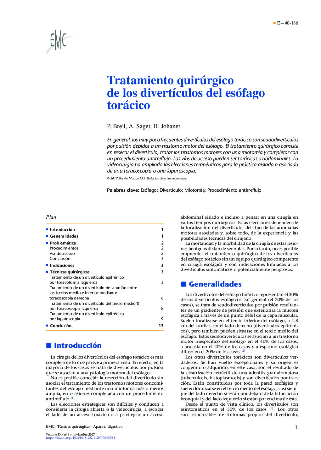 Tratamiento quirúrgico de los divertÃ­culos del esófago torácico