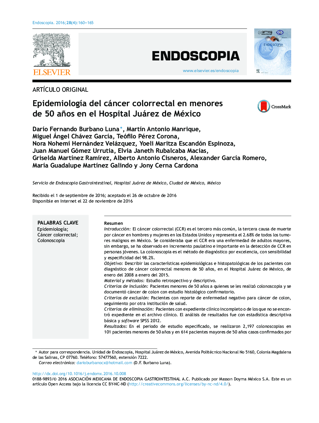 EpidemiologÃ­a del cáncer colorrectal en menores de 50 años en el Hospital Juárez de México