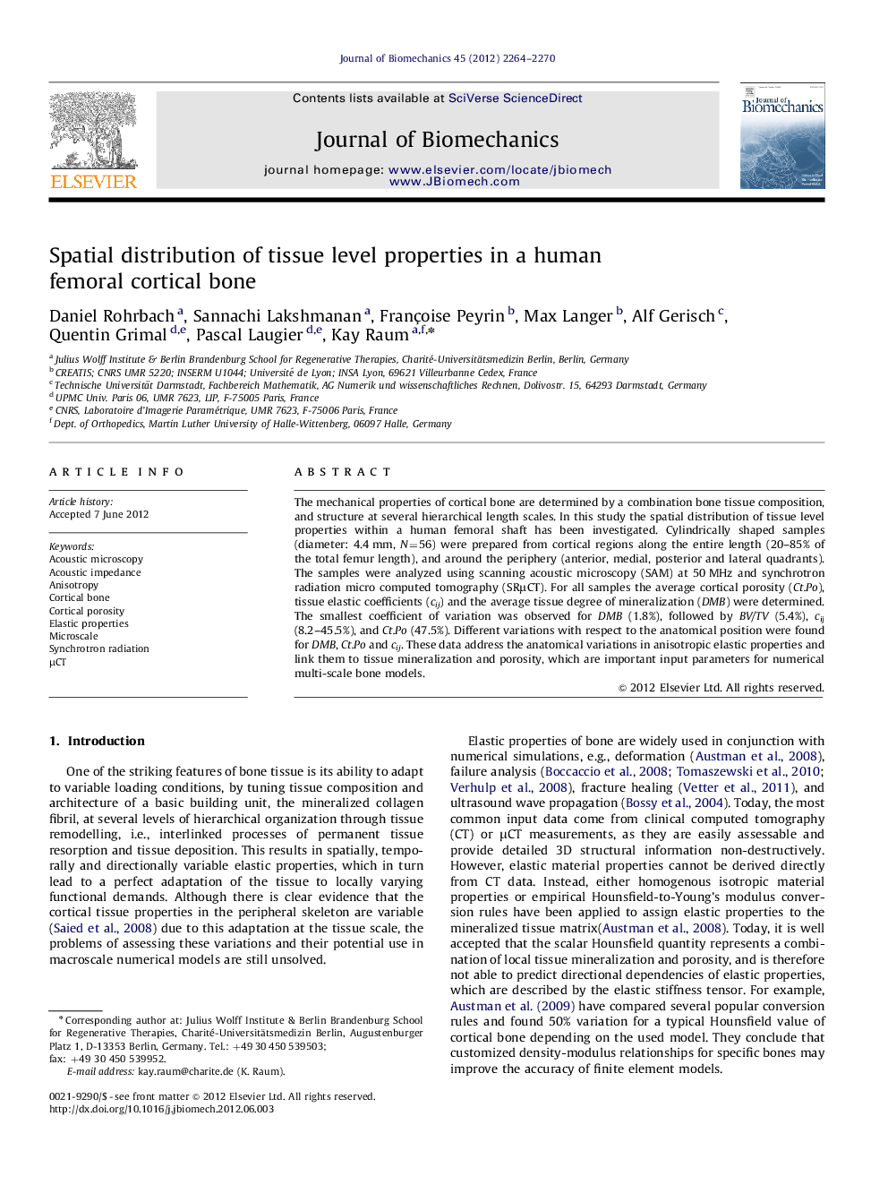 Spatial distribution of tissue level properties in a human femoral cortical bone