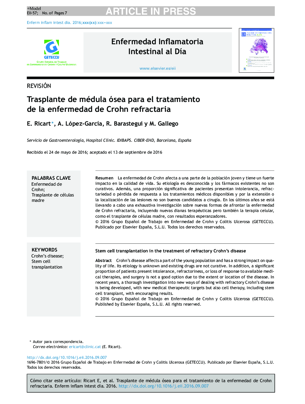 Trasplante de médula ósea para el tratamiento de la enfermedad de Crohn refractaria