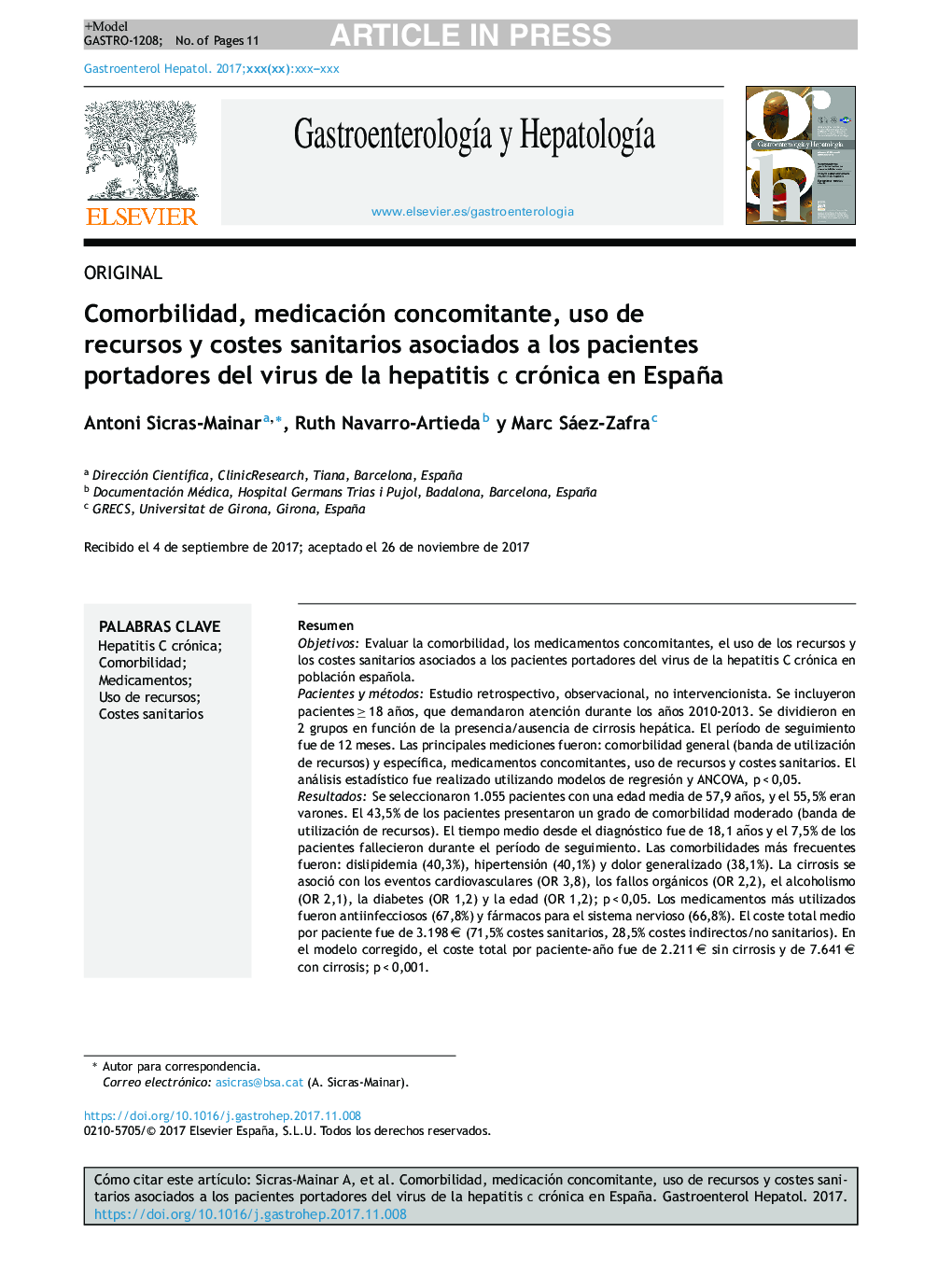 Comorbilidad, medicación concomitante, uso de recursos y costes sanitarios asociados a los pacientes portadores del virus de la hepatitis C crónica en España