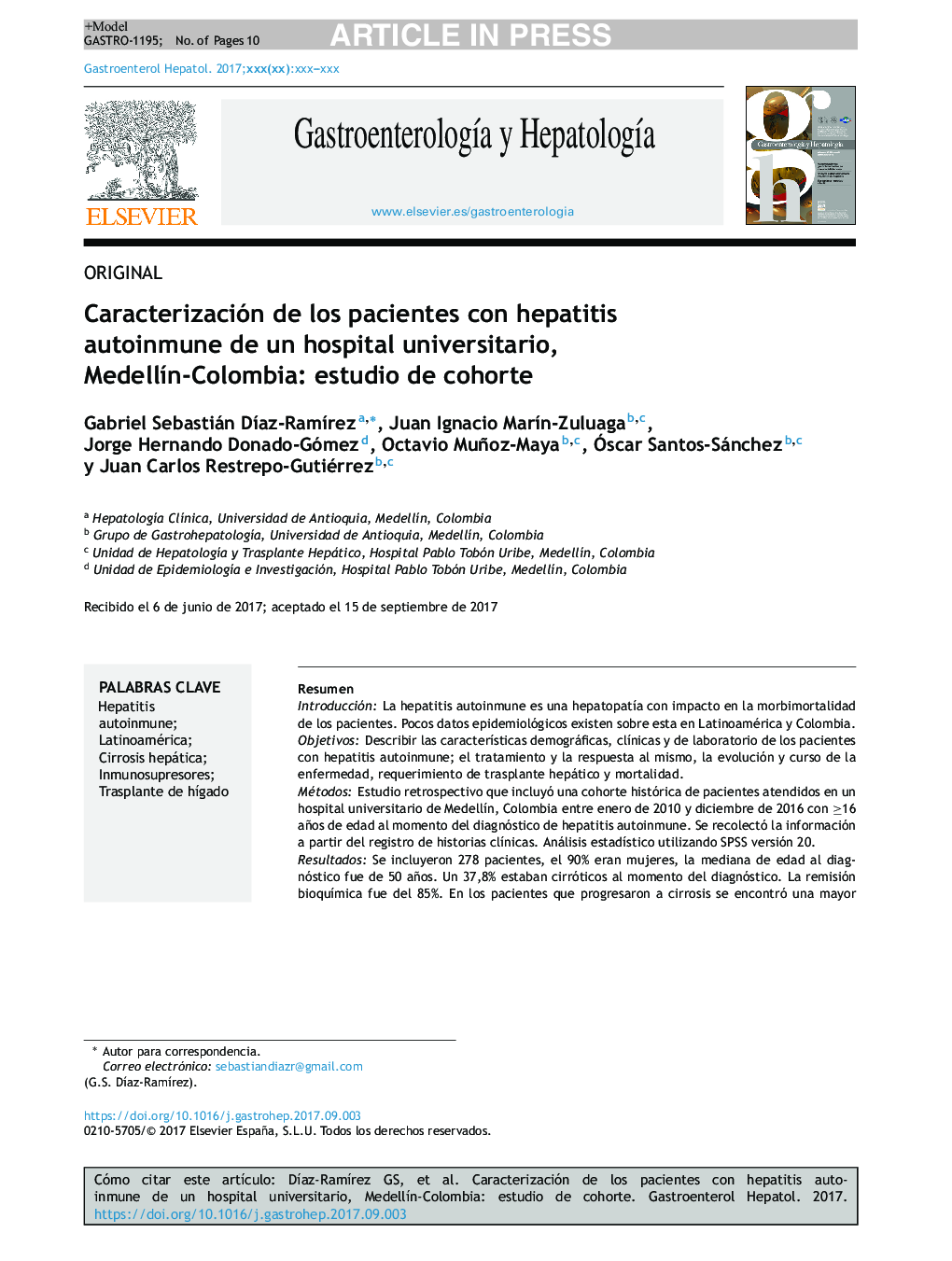 Caracterización de los pacientes con hepatitis autoinmune de un hospital universitario, MedellÃ­n-Colombia: estudio de cohorte