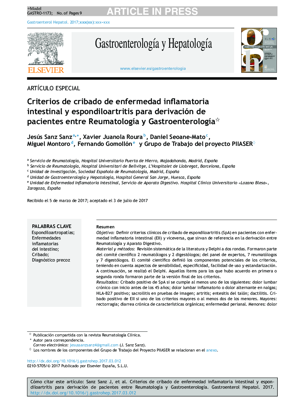 Criterios de cribado de enfermedad inflamatoria intestinal y espondiloartritis para derivación de pacientes entre ReumatologÃ­a y GastroenterologÃ­a